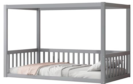 SOFTWEARY Kinderbett mit Zaun, 90x200 cm, Himmelbett ohne Lattenrost, Einzelbett aus Holz, Jugendbett, Kiefer (grau)