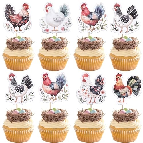 Xsstarmi 36 Pack Rooster Cupcake Toppers Farm Animal Chicken Hen Cupcake Picks for Baby Shower Kids Birthday Party Cake Decorations Supplies