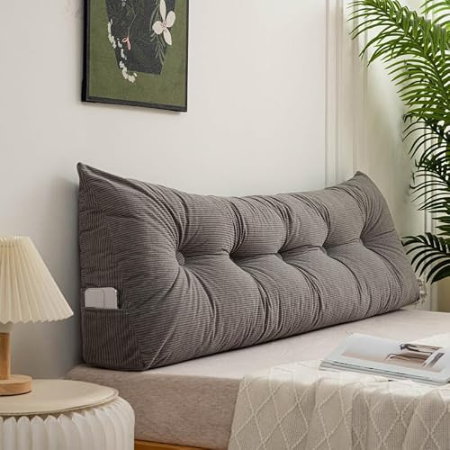 Generisch Rückenkissen Bett 180 cm Cord, Leseknochen Erwachsene Waschbar, Kopfteil Keilkissen Für Sofa, Mit Abnehmbarem Bezug Und Seitenfach, Dreieckiges Wandkissen Lendenkissen,Grau,40x150cm