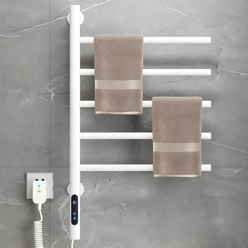 Generico Scaldasalviette Girevoli per Bagno, Scaldasalviette Elettrico Girevole a 180° da Parete, Portasciugamani Girevole in Acciaio Inox a 5 Barre con Display LCD(White)