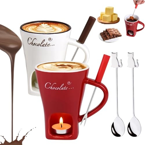 NNBWLMAEE Chocolate Fondue Mug Set, Chocolate Fondue Mug Set, Tea Light Heating Butter Warmer, for Cheese Chocolates Butter (White+Red)