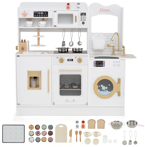 Costzon Kids Kitchen Playset, Toddler Wooden Pretend Playset w/Real Lights & Sounds, Faucet, Microwave Oven, Coffee Machine, Toaster & Ice Dispenser, Little Chef Play Kitchen for Kids Aged 3+ (White)