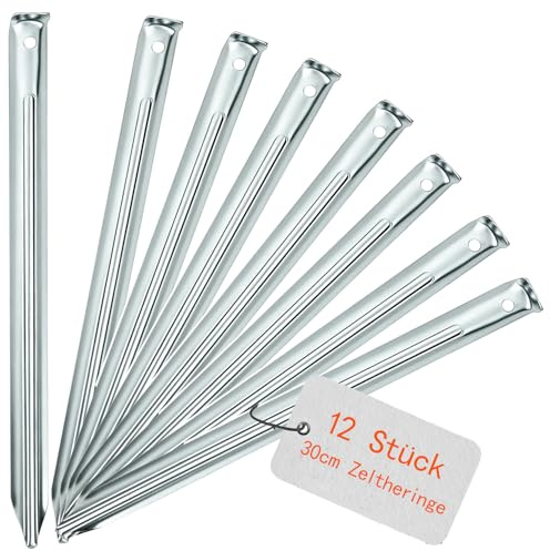 12 piquetas para tienda de campaña, 30 cm, anclajes de suelo con perfil en V y ojal, estacas de metal estables, ideales para jardín, camping, pesca y descubrimientos