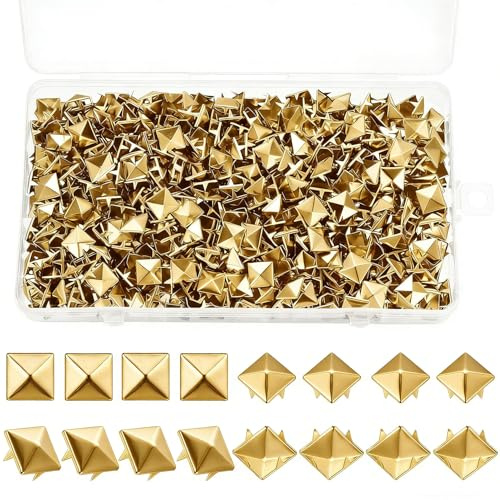 600 Stück Quadratische Nieten Metall, Gold Nieten für Leder, DIY Punk Nietenset Pyramide Spikes Rivets Studs für Clothing, Pyramidennieten Kleidung Taschen Lederband Mäntel Handschuhe
