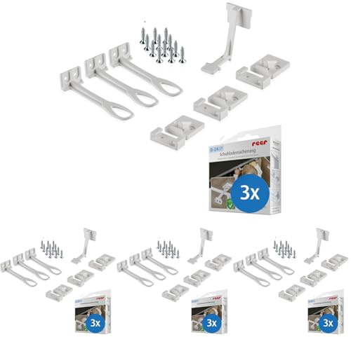reer Schrank- und Schubladensicherung mit Montagehilfe | Einfache Einhand-Bedienung | Schraubmontage | integrierter Klemmschutz | 3 Stück | Farbe: weiß (Packung mit 4)
