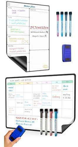 Bundle of SURFOU Magnetisches Whiteboard für Kühlschrank A3 – Wochenplaner + Monatsplaner, Abwischbar, mit 4 Markern & 1 Radierer, Menüplaner/Einkaufsliste/To-Do-Liste