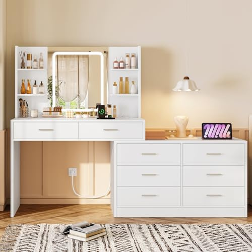 SLINEMO Schminktisch mit Beleuchtung und Spiegel,Schminktisch mit Steckdose, 8 Schubladen, 6 Ablageflächen, 3 Farben mit Einstellbarer Helligkeit Kosmetiktisch, Ecke Vanity, L-Form ändern, Weiß
