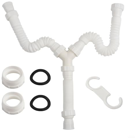 EXTRWORY Kit de desagüe de doble fregadero ajustable de 20 cm-80 cm flexible G1-1/2 y G1-1/4 Kit de conector de tubería de desagüe de desagüe de fregadero, kit de trampa de agua residual