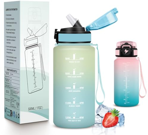 Mujigaga Borraccia 500ml, Borracce con Cannuccia, Facile da Pulire, A Prova di Perdite Borraccia Bambino, Bottiglia Motivazionale con Indicatore del Tempo per Palestra, Ufficio, Lavoro, Scuola