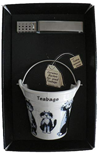 Blue Cat Teabag Tidy Bucket with Teabag Squeezer Tongs - Gift Boxed