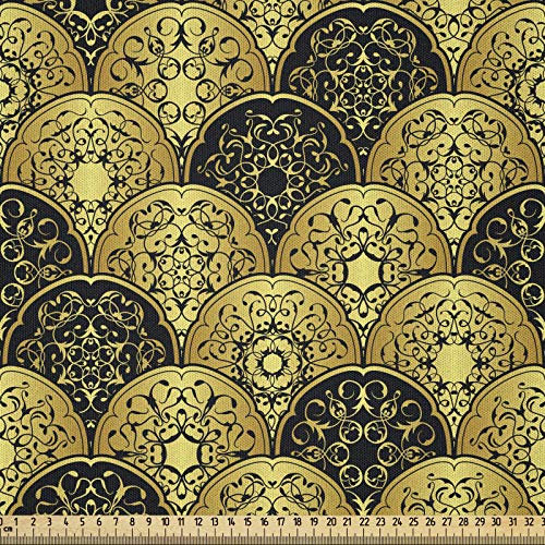 ABAKUHAUS Mandala Stoff als Meterware, Scale-Stil-Kreise, Microfaser Multi Zweck Dekostoff für Kunsthandwerke, 3M (230x300cm), Gelb und Schwarz