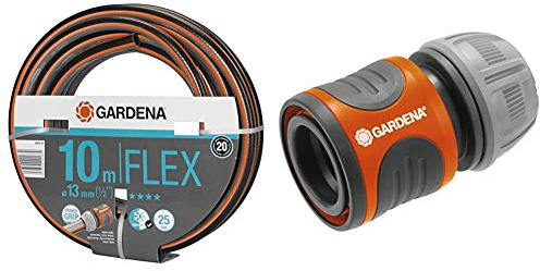Gardena Comfort FLEX Schlauch 13 mm (1/2 Zoll), 10 m & Schlauchverbinder 13 mm (1/2 Zoll) und 15 mm (5/8 Zoll): Steckverbinder für den Schlauchanfang, Griffmulden, einfache Montage, verpackt