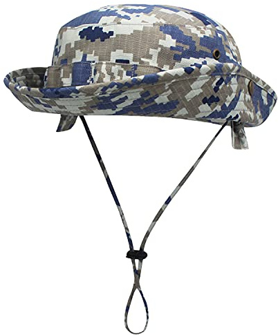 WANYING Unisex Baumwolle Bonnie Hut Dschungel Hut Sonnenhut Sonnenschutz Eimer Hut Bucket Hat Outdoor Tarnung für Kopfumfang 56-60cm - Camouflage Blau & Beige