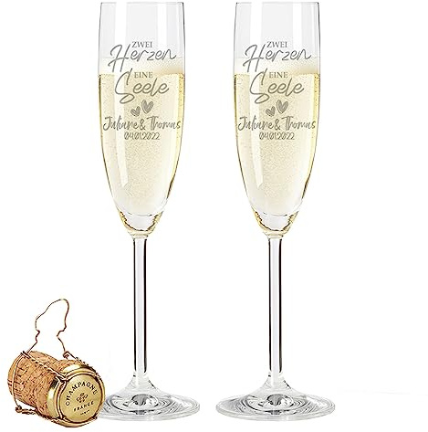 Leonardo Sektgläser mit Gravur - Zwei Herzen, Eine Seele - Personalisiert mit Namen & Datum - Geschenke zur Hochzeit, Verlobung oder zum Jahrestag - Geschenk für Sie & Ihn - Variante: im Set