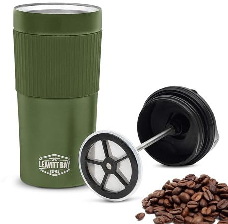 Tasse à piston de voyage (445,2 ml) – Cafetière à double paroi sous vide vert militaire – Presse française à portion unique pour voyage, maison, bureau et plus encore – Gobelet à presse à thé