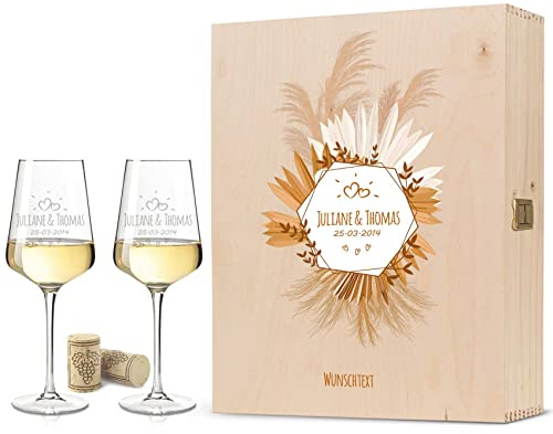 GRAVURZEILE Leonardo Puccini Weingläser mit Gravur - Tropical Pampasgras - Personalisiert mit Namen & Datum inkl. Holzkiste - Geschenk zur Hochzeit Verlobung Jahrestag - Farbe: Große Kiste UV