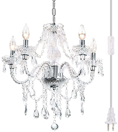 PAPAYA Plug-in 5 Light Crystal Hanging Pendant Lights Acrylic Chandelier with Clear Cord & On/Off Switch H19 D19.7 for Kitchen Island Girls' Room Dining Area Laundry Pavilion.