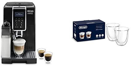 De'Longhi Dinamica, Machine expresso avec broyeur, technologie exclusive boissons lactées, ECAM350.55.B, 1.8L, Noir & Delonghi Acier inoxydable 5513214601Pack de 2 Verre à cappuccino isolé