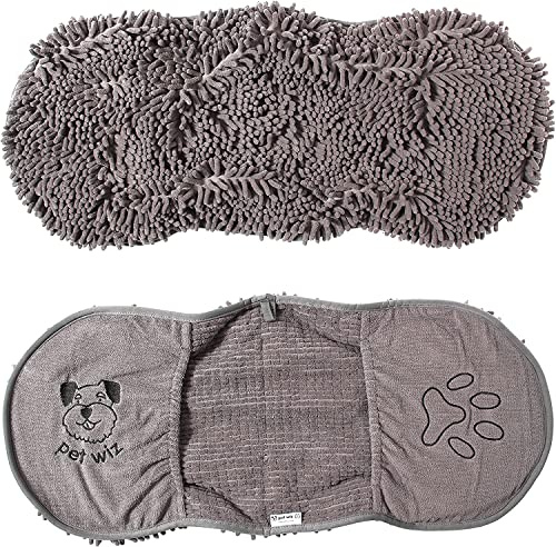 pet wiz Asciugamano in microfibra per tagliatella/ciniglia, super assorbente, ad asciugatura rapida, leggero, con pratici scomparti per guanti, 82 cm x 32 cm (grigio)