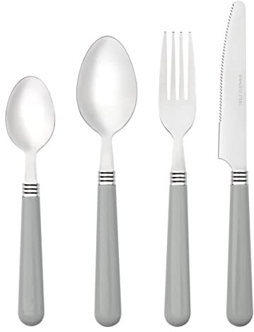 Baroni Home Set 24 pz Posate da Tavola in Acciaio Inox, Posate con Manico in Plastica per 6 Persone, Lavabili in Lavastoviglie, Forchetta, Coltello, Cucchiaio, Cucchiaio da The o Dolce, Grigio