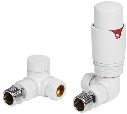Thermostatic Radiator Valves and Corner Lockshield Valve - Classy and Modern Design 1/2 x 15mm Corner Radiator Valves (White)