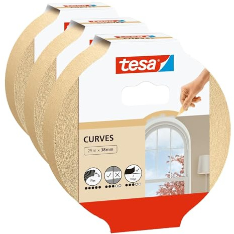 Tesa Ruban de Masquage Spécial COURBES - Ruban Adhésif avec Crêpage Extra Fort pour Masquer les Courbes et les Formes Irrégulières - Surfaces Rugueuses et Lisses - 25 m x 38 mm (Lot de 3)