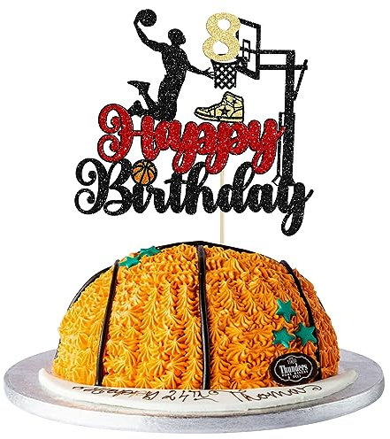 1Pc 8th Birthday Basketball Cake Topper Glitter Basketball Sports Theme Cake Pick for Baby Shower 8th Birthday Cake Decorations Party Supplies Black