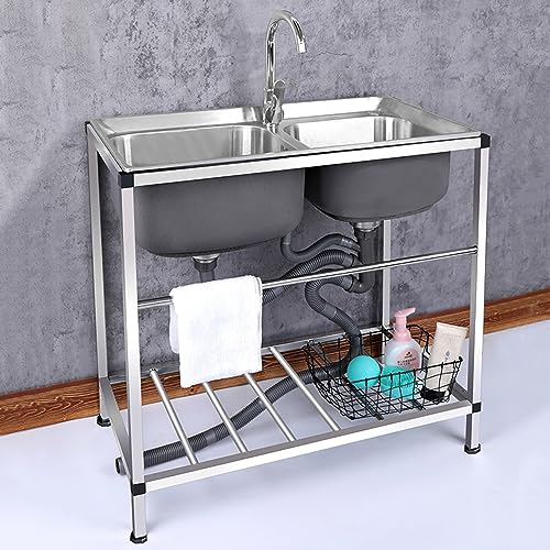 Outdoor Waschbecken Küche Spüle Edelstahl Spültisch 2 Becken Küchenspüle Mobiles Spülbecken Spülschrank Gastrospüle 2 x Gratis Abflussstopfen Gastronomie Campingküche Waschtisch Spülschrank ( Size : 7