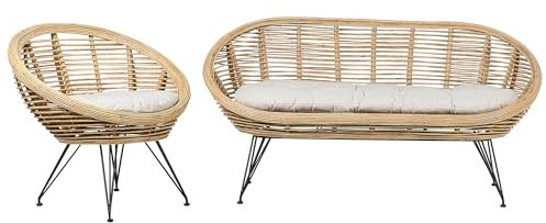 Beliani Gartensofa und -Stuhl Rattan natürlich Auflagen beige Metallbeine schwarz Maratea