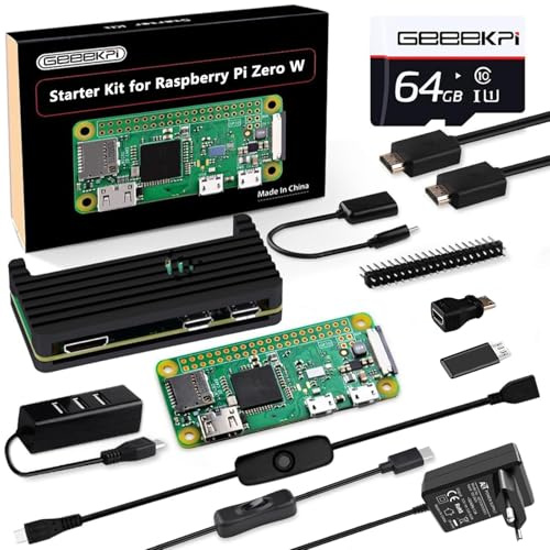 GeeekPi Starter Kit für Raspberry Pi Zero W, mit RPi Zero W Aluminum Gehäuse, 64GB SD Karte, Netzteil, 20Pin Header, Micro USB to OTG Adapter, HDMI Kabel, HDMI Adapter, Switch Kabel and 4 Port USB Hub