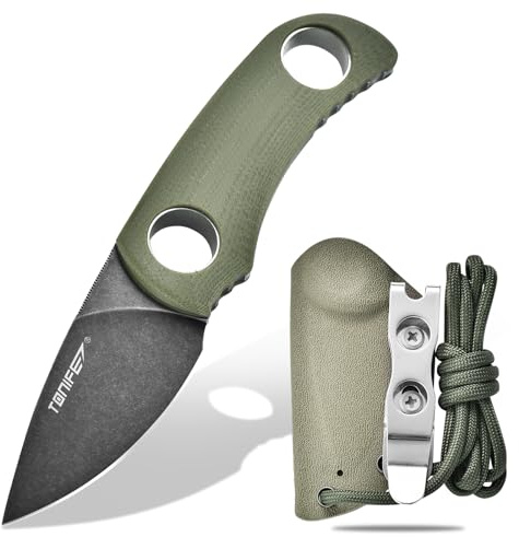 TONIFE Mini Neck Knife with Kydex Sheath and Cord, EDC Portable Fixed Blade for Outdoor Survival (Green+Black Oxide then Stonewash)