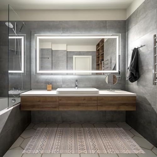 STOR PLANET | Moderner Bambusteppich ohne Rand, rutschfeste Bambusteppiche für Wohnzimmer, Badezimmer, Flur, Schlafzimmer. Teppiche bis zu 2,4 m groß | Ethnisches Weiß Grau, 140 x 200 cm