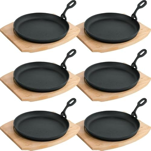 6x Servierpfanne mit Holzuntersetzer und abnehmbarem Serviergriff Ø 22 cm Gusseisen