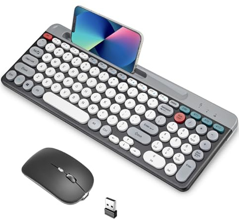 Sxhlseller Combo de Teclado Inalámbrico para Juegos, Ratón con Teclado Bluetooth Recargable con Teclas Redondas Vintage para Ordenador Portátil