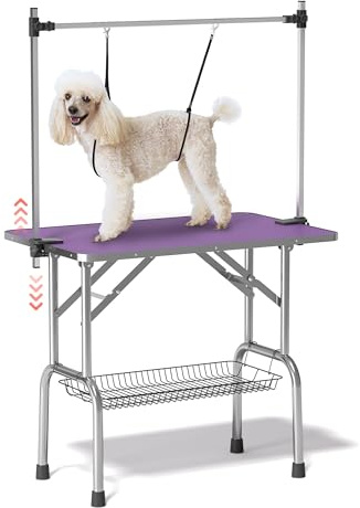 Dog Grooming Table, Adjustable Large Pet Drying Desktop, Foldable Bathing Desk with Arms, Noose, Mesh Tray, Maximum Capacity Up to 330Lb, 42in, Purple
