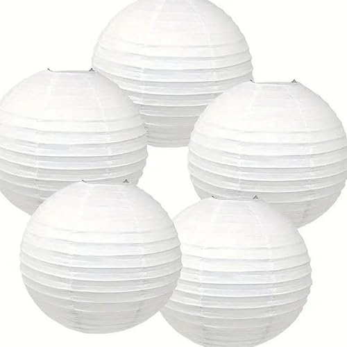 5 japanische Laternen, rund, Durchmesser 50 cm, Lampions aus Papier, weiß, Deko für den Außenbereich oder Mottoparty