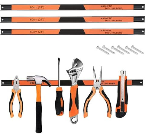 Magnetic Tool Holder Rack, 3 Pack 60cm / 24” Magnetic Garage Wall Tool Holder Strip with Removable Dividers, Space Saving Holder Strip for Tools, Wall Mounted Heavy Duty Strips for Wrench, Screwdriver
