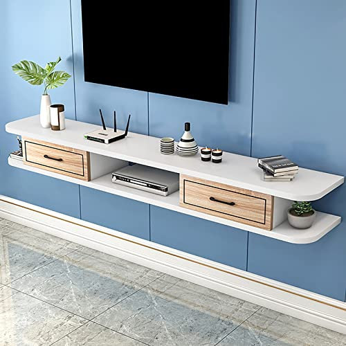 Floating TV Stand Wall Mount with Drawers and Storage Unit Audio Video Console Multimedia Gaming Cable Box Router Shelf for Wall Mounted TV Cabinet.
