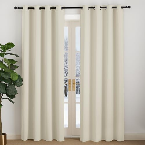 NICETOWN Gardinen Beige Blickdicht Thermogardine Kälteschutz Modern Ösenschal 2er Set Hellbeige H220 x B140 cm,Abdunkelnde Vorhänge mit Ösen für Wohnzimmer/Schlafzimmer