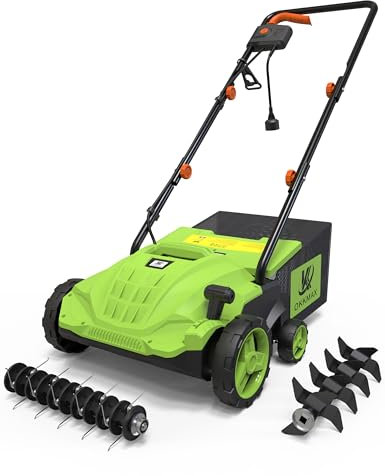 Electric Dethatcher Scarifier 13-Inch 12 Amp,2-in-1 Lawn Dethatcher, 4-Position Depth Adjustment, Scarifier with Foldable Handle Two Safety Switches for Lawn Garden Yard (13-Inch)