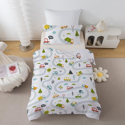 ROZTYLJ Cot Bed Duvet Cover Set Car Patterns Toddler Bedding Set For Boys Reversible Cot Duvet Cover 120x150cm & Pillow Case 40x60cm