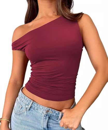 ABINGOO Senza Maniche Estivi Maglietta Donna Sexy Slim Fit Off Shoulder Crop Top Tinta Unita Elegante T-Shirt(Rosso,M)
