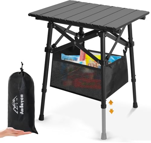 Audoyon Folding Camping Table - Small Outdoor Table with Storage Bag - Adjustable Height 14.2'' & 18.9'', Portable Lightweight Aluminum Foldable Side Table for Picnic, BBQ, Beach & Tailgating (Small)