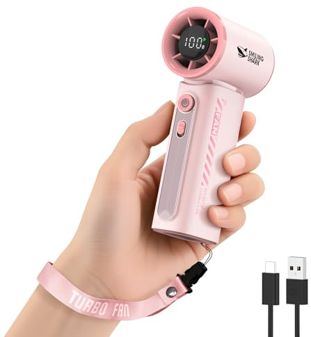 Smiling Shark TF-02 Tragbarer Turbo Handventilator, 1-100 Stufen Einstellbare Tragbarer Mini Handventilator [12Hrs Max] mit LED Anzeige/Lanyard/Basis, 2-in-1 Hand/Tischventilator für Outdoor Indoor