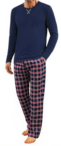 Demegimi Pigiama Uomo Cotone Lungo Pigiama da Uomo a Quadri Maglia Girocollo Maniche Lunghe Pigiama Invernale Due Pezzi Caldo con Tasche