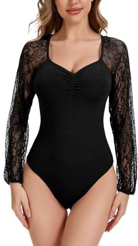 WOWENY Body in pizzo a maniche lunghe da donna, sexy, con scollo a V, elegante, maglietta a maniche lunghe, slim fit, top, leotard, Nero , L