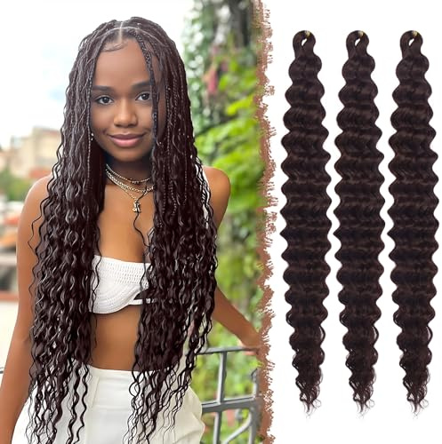 FESHFEN Ocean Wave Crochet Hair extension - 3 Pezzi Estensioni Capelli per Treccine a Onde Sintetici Ondulati Braiding Trecce Boho Posticci Extensions per Donne, 55 cm Castano