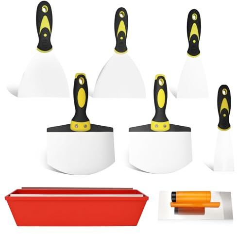 bssmmai spatelset, 8-delat rostfritt stål målarbackel set med silikonhandtag innehåller bred spatel, tapetspatel och 35,5 cm lång spatellåda