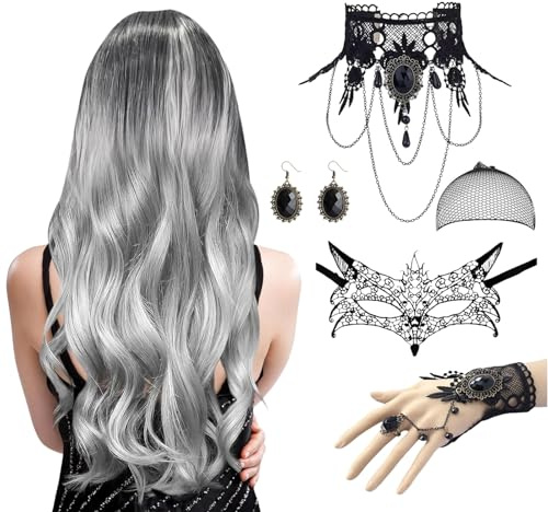 Halloween Perücke Damen, 70 Lange Graue Gewellte Perücke Damen, Ombre Silber Grau Lang Lockig, mit Gotisch Halskette Armband Ohrringe Spitze Maske Haarnetz, für Halloween, Karneval, Maskerade, Cosplay