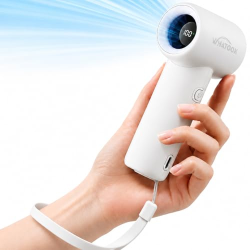 WHATOOK Portable Mini Handheld Fan, 18500 RPM Small Personal Turbo Hand Fan | 5 Speed Fan with LED Display, Ultra Lightweight USB Rechargeable for Travel, Commuting, Makeup, Gifts for Women Men, White